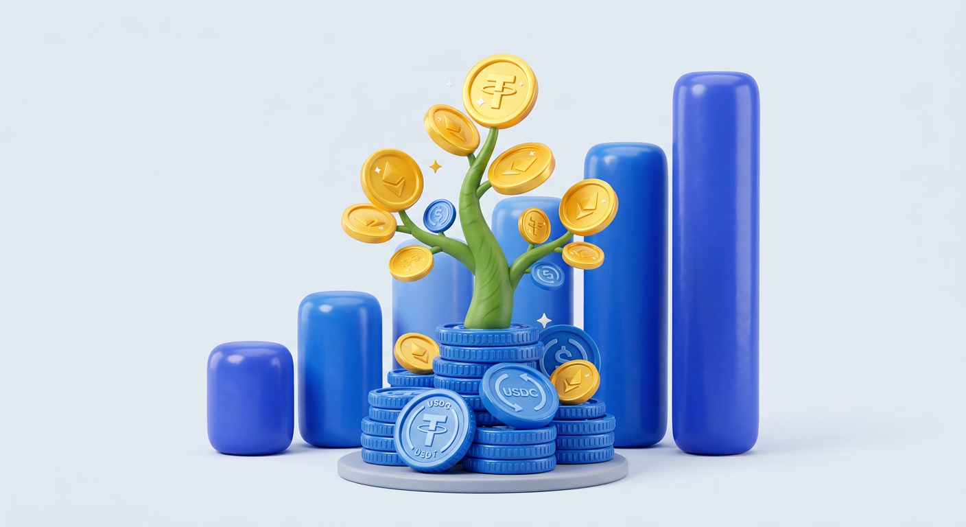 3D illustration of a plant growing from a stack of stablecoins