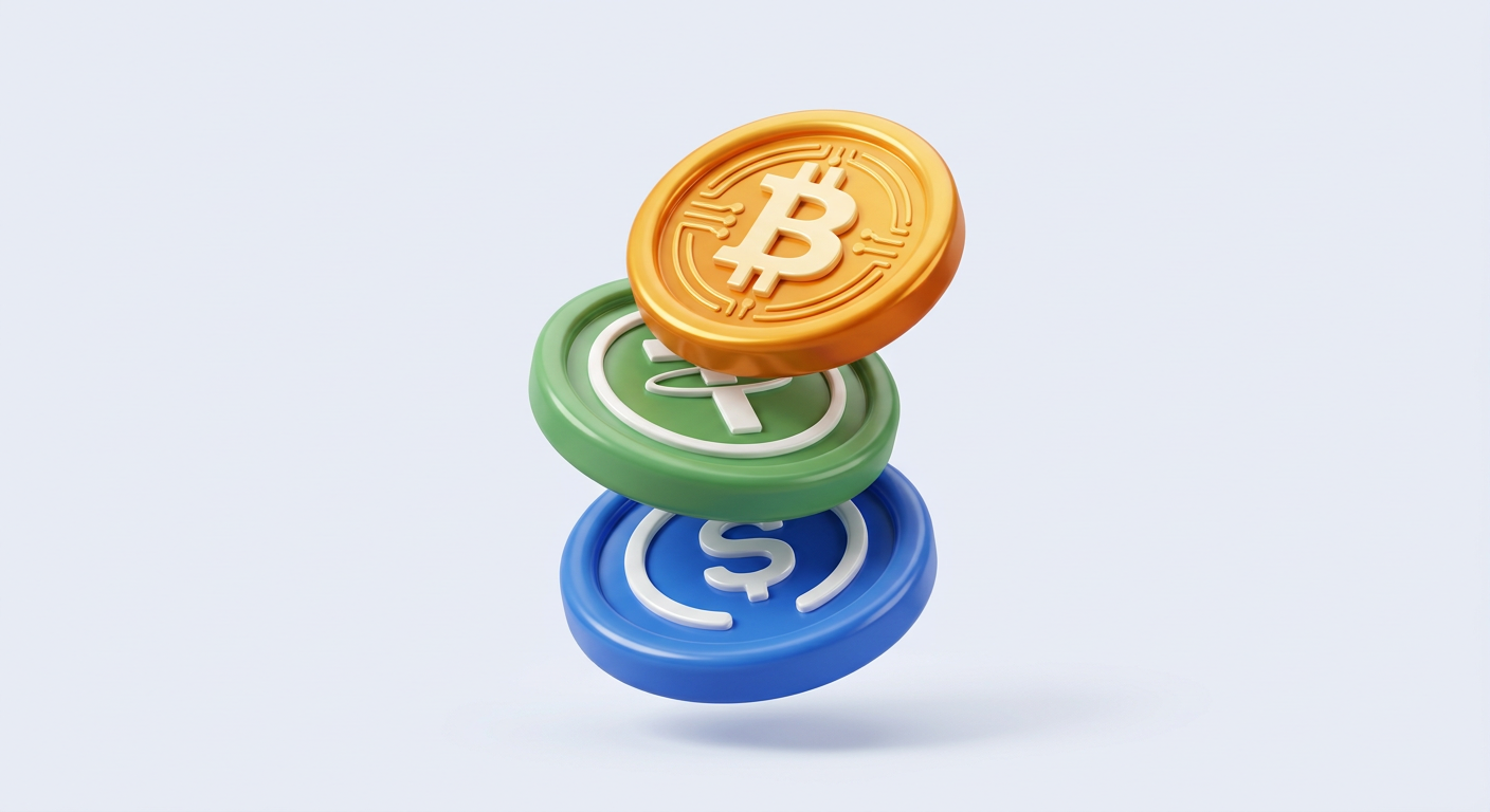 3D illustration of a Bitcoin coin and stablecoins floating above each other